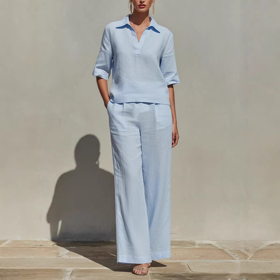 Women's Lightweight Linen Blend Outfit | Relaxed Top and Wide-Leg Trousers Set for Summer Elegance 1