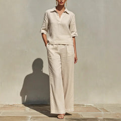 Women's Lightweight Linen Blend Outfit | Relaxed Top and Wide-Leg Trousers Set for Summer Elegance 2