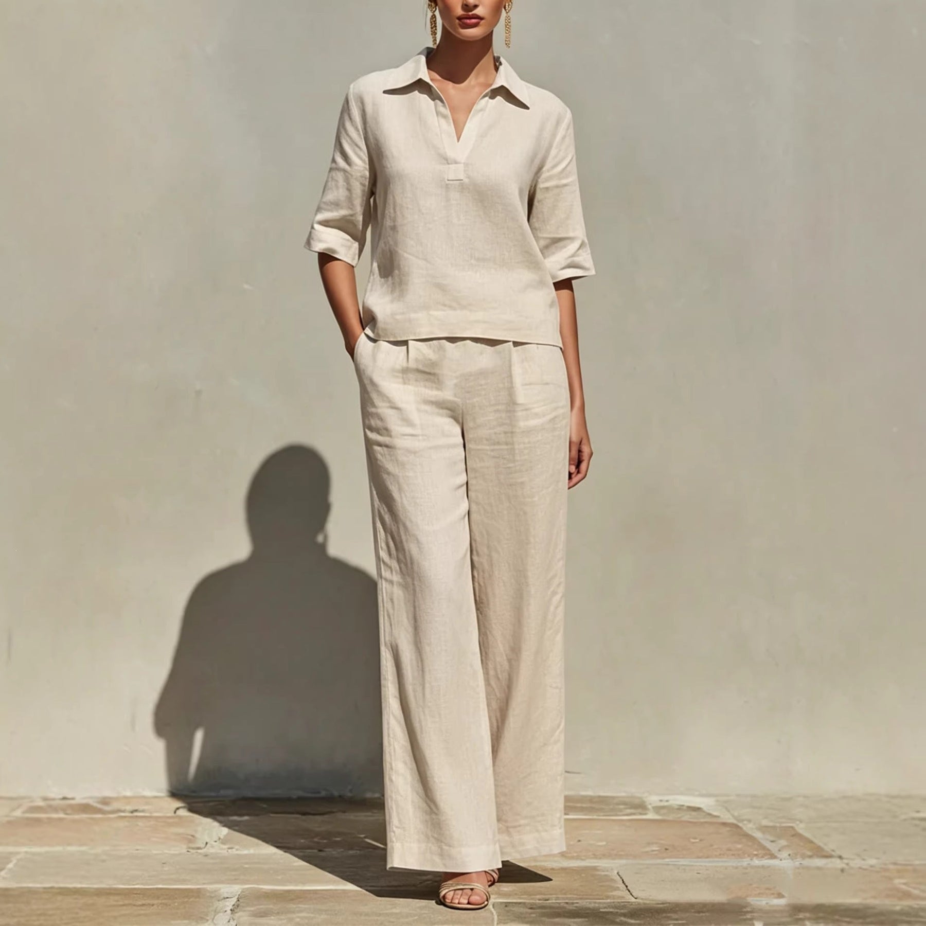 Women's Lightweight Linen Blend Outfit | Relaxed Top and Wide-Leg Trousers Set for Summer Elegance 2
