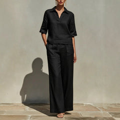 Women's Lightweight Linen Blend Outfit | Relaxed Top and Wide-Leg Trousers Set for Summer Elegance 3