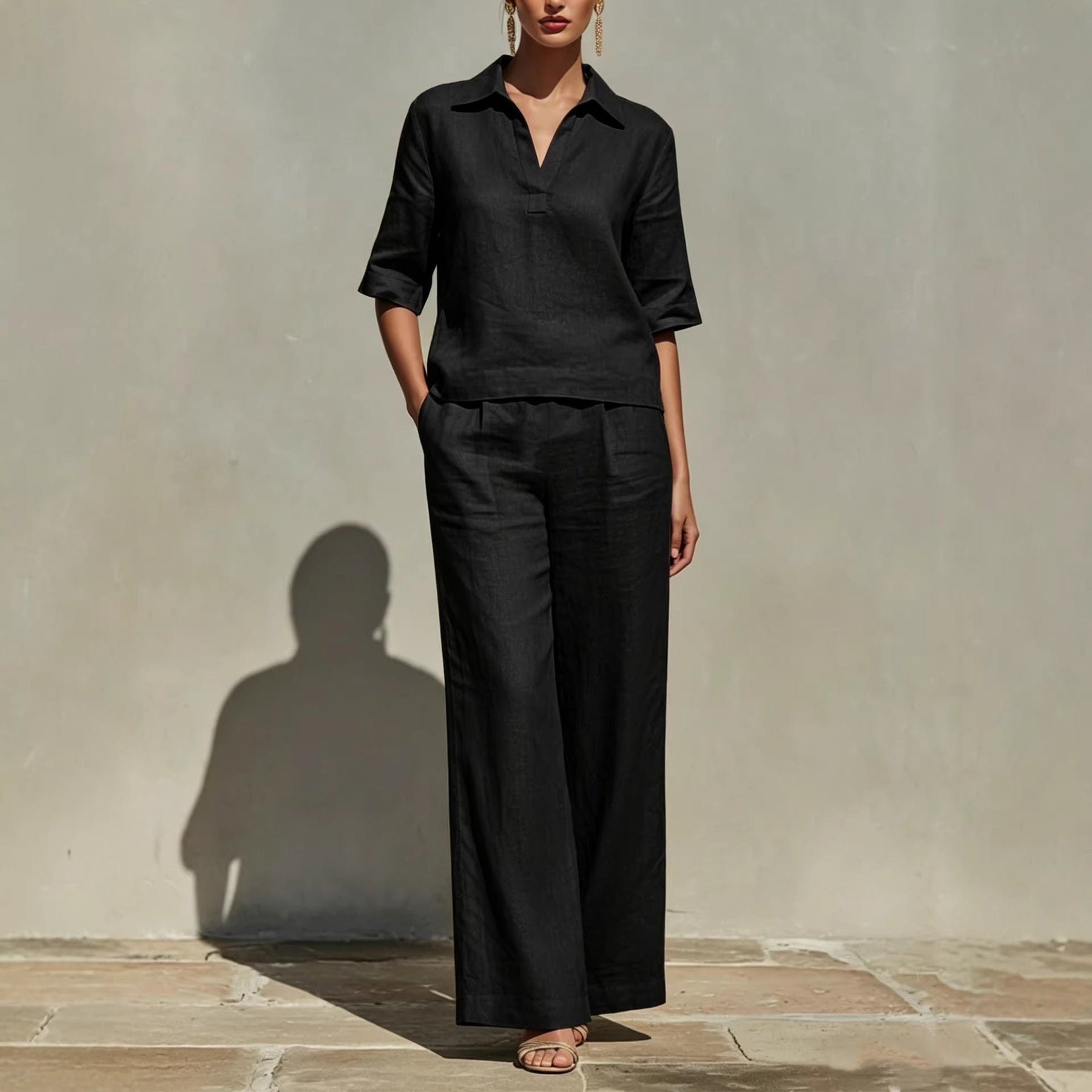 Women's Lightweight Linen Blend Outfit | Relaxed Top and Wide-Leg Trousers Set for Summer Elegance 3