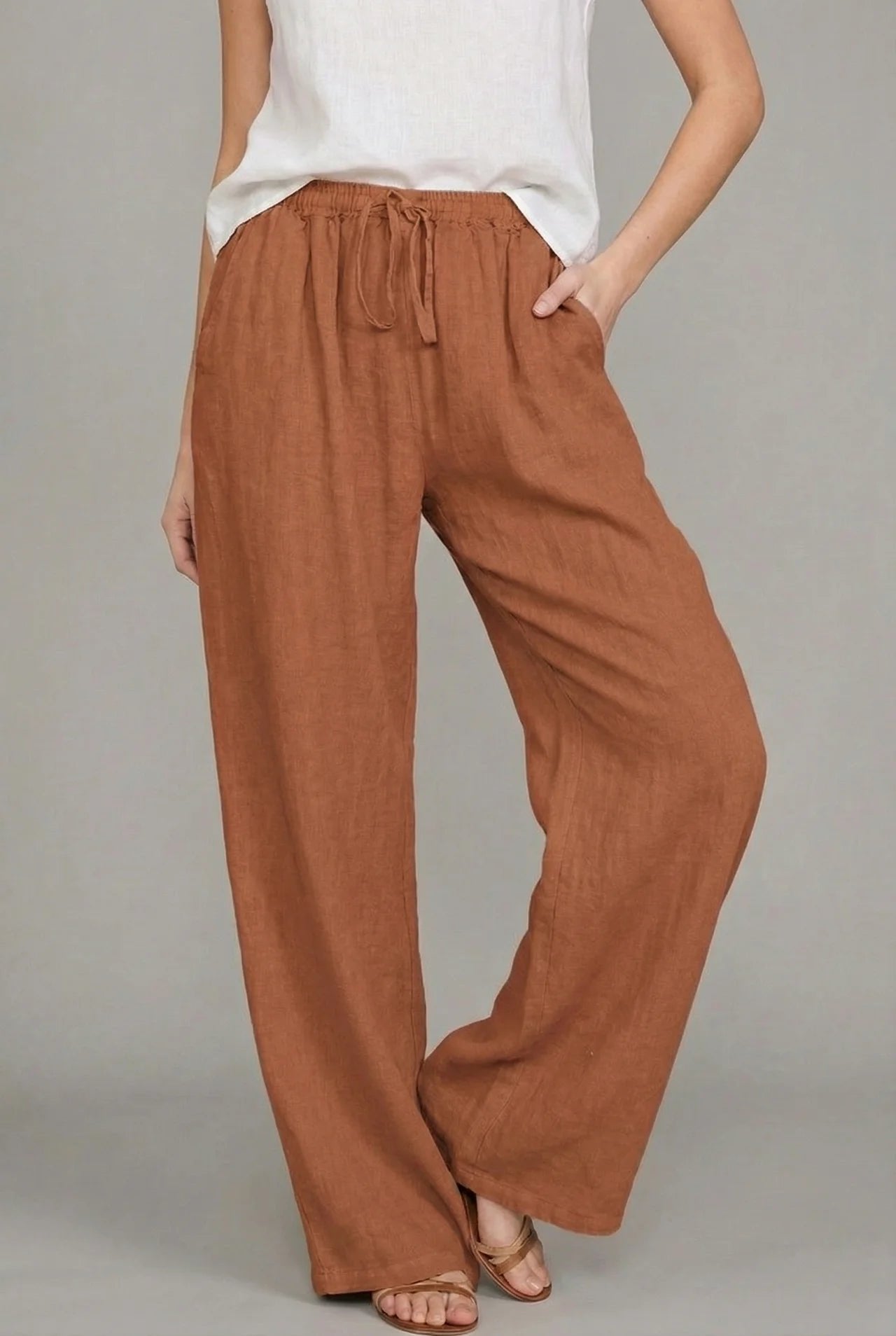 Women's Lightweight Linen Wide Leg Pants | Relaxed Summer Trousers with Pockets 4