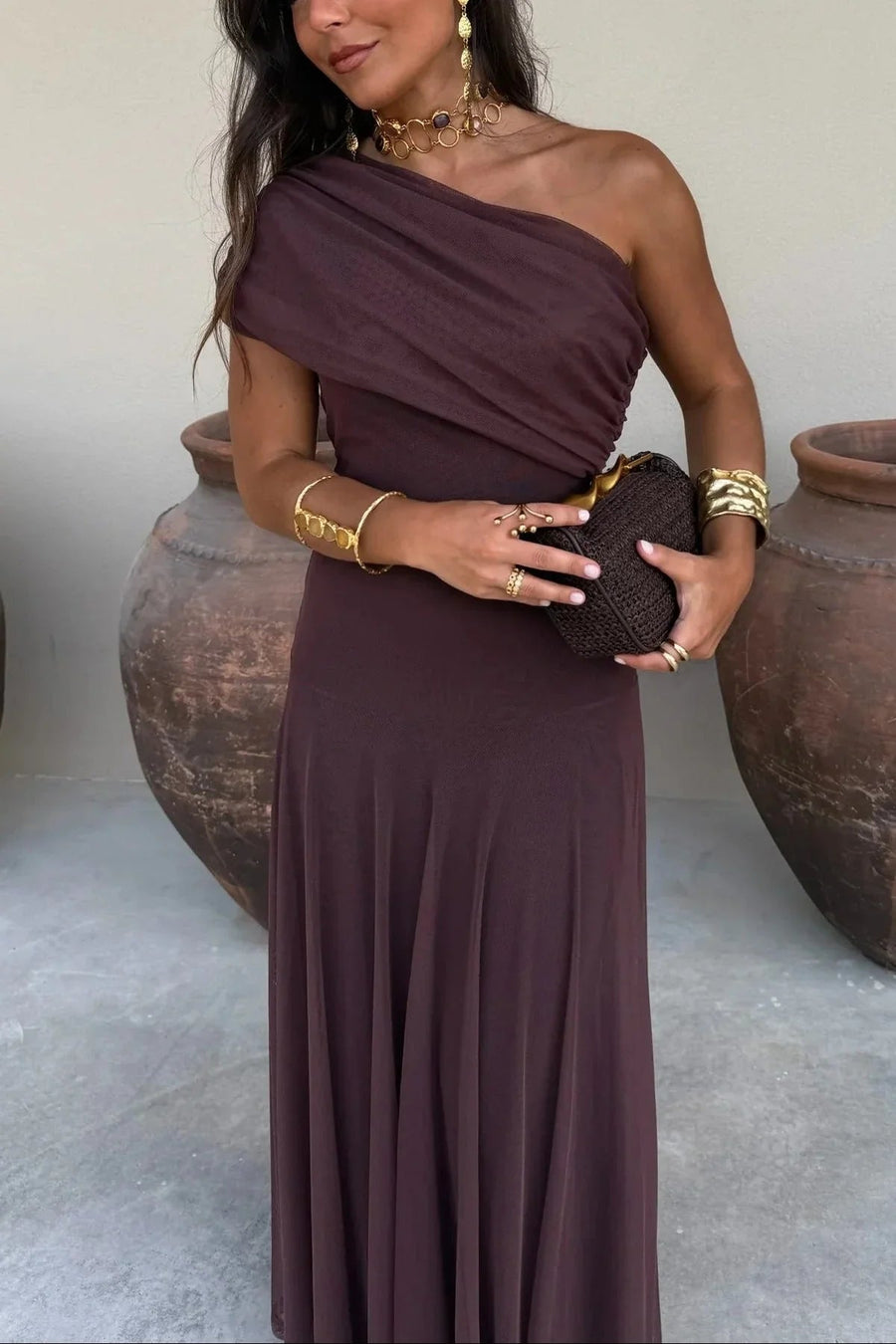 Women's Lightweight Pleated Maxi Dress | Elegant One-Shoulder Summer Gown 0