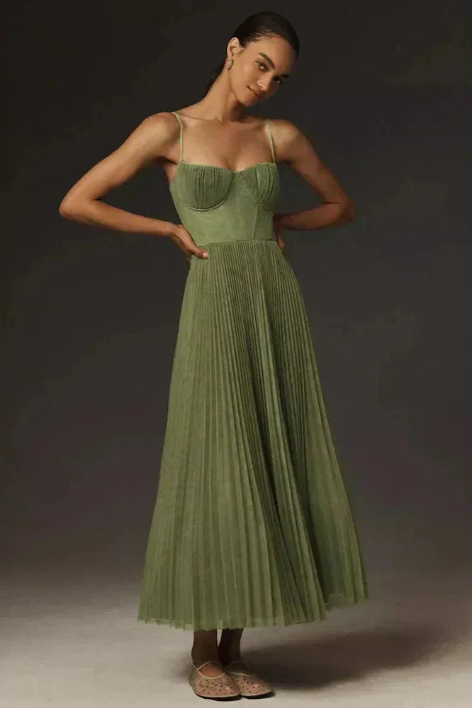 Women's Lightweight Pleated Midi Dress | Elegant Olive Green Summer Dress 0