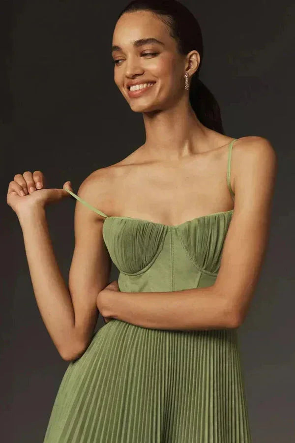 Women's Lightweight Pleated Midi Dress | Elegant Olive Green Summer Dress 1