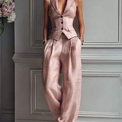 Women's Linen Pleated Wide Leg Pants & Vest Set | Elegant Tailored Two-Piece Outfit 0