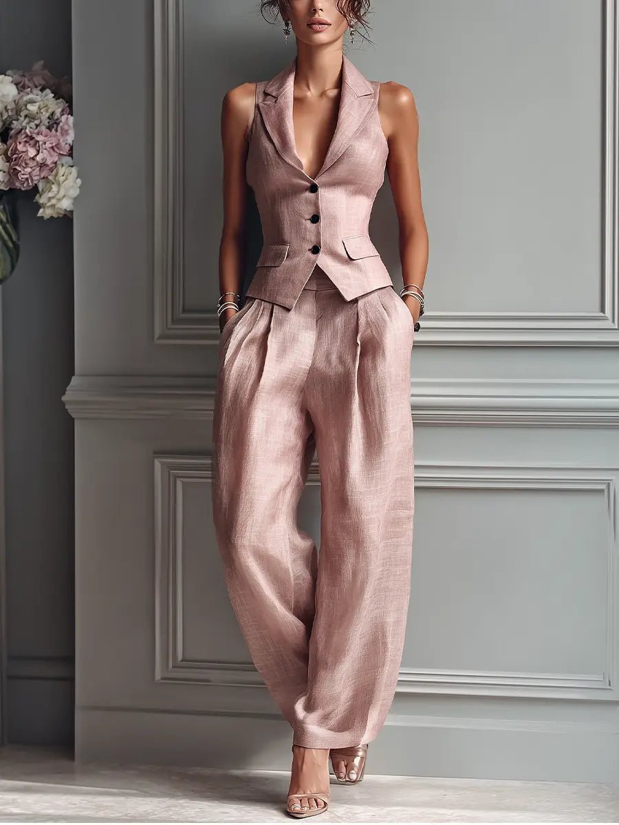 Women's Linen Pleated Wide Leg Pants & Vest Set | Elegant Tailored Two-Piece Outfit 0