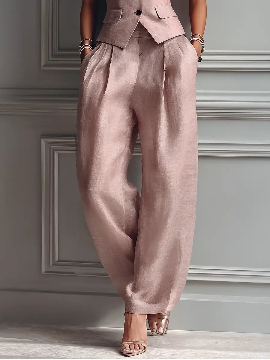 Women's Linen Pleated Wide Leg Pants & Vest Set | Elegant Tailored Two-Piece Outfit 2
