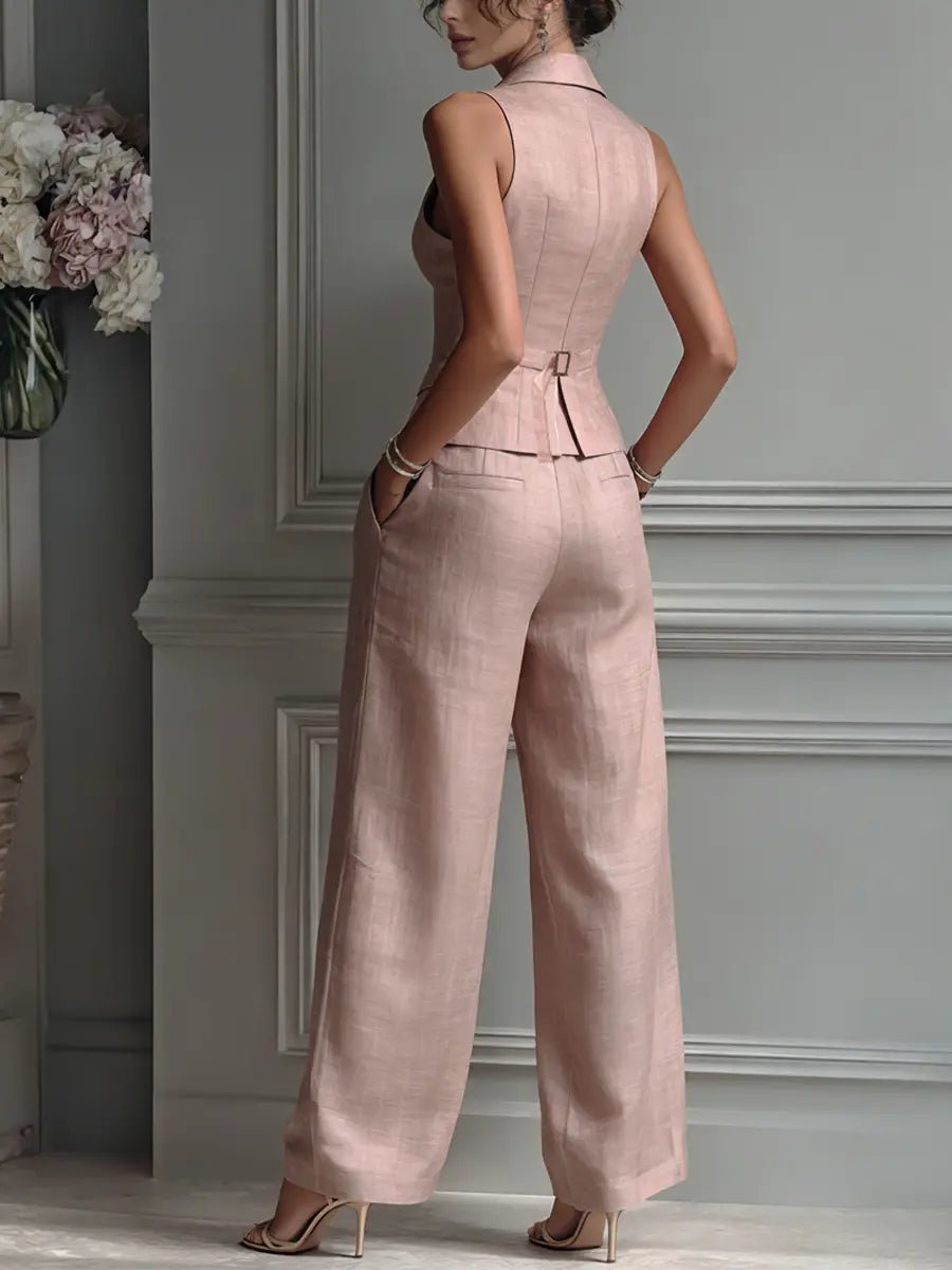 Women's Linen Pleated Wide Leg Pants & Vest Set | Elegant Tailored Two-Piece Outfit 3