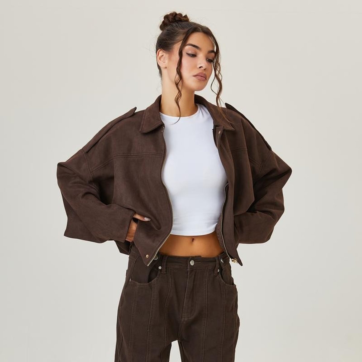Women's Luxurious Faux Suede Bomber Jacket | Vintage-Inspired Oversized Style 0