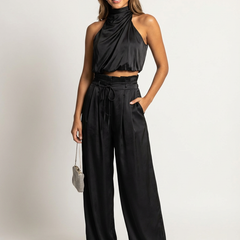 Women's Luxurious Satin Two-Piece Set | Elegant Halter Top and Wide Trousers 0