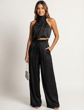 Women's Luxurious Satin Two-Piece Set | Elegant Halter Top and Wide Trousers 0