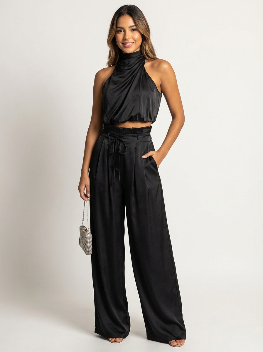 Women's Luxurious Satin Two-Piece Set | Elegant Halter Top and Wide Trousers 0