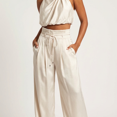 Women's Luxurious Satin Two-Piece Set | Elegant Halter Top and Wide Trousers 1