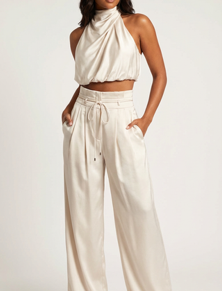 Women's Luxurious Satin Two-Piece Set | Elegant Halter Top and Wide Trousers 1