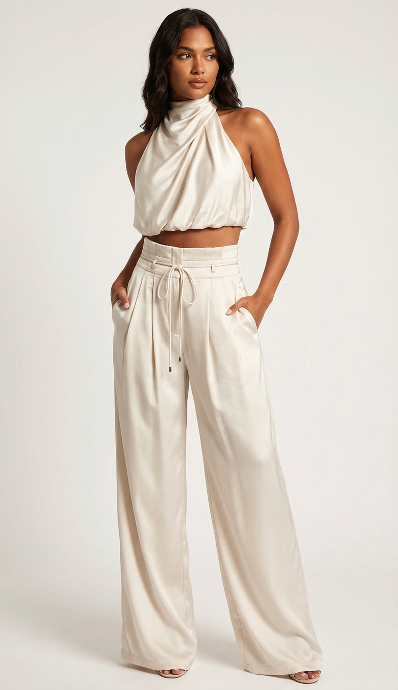 Women's Luxurious Satin Two-Piece Set | Elegant Halter Top and Wide Trousers 1