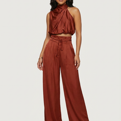 Women's Luxurious Satin Two-Piece Set | Elegant Halter Top and Wide Trousers 2