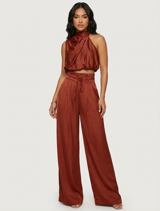 Women's Luxurious Satin Two-Piece Set | Elegant Halter Top and Wide Trousers 2