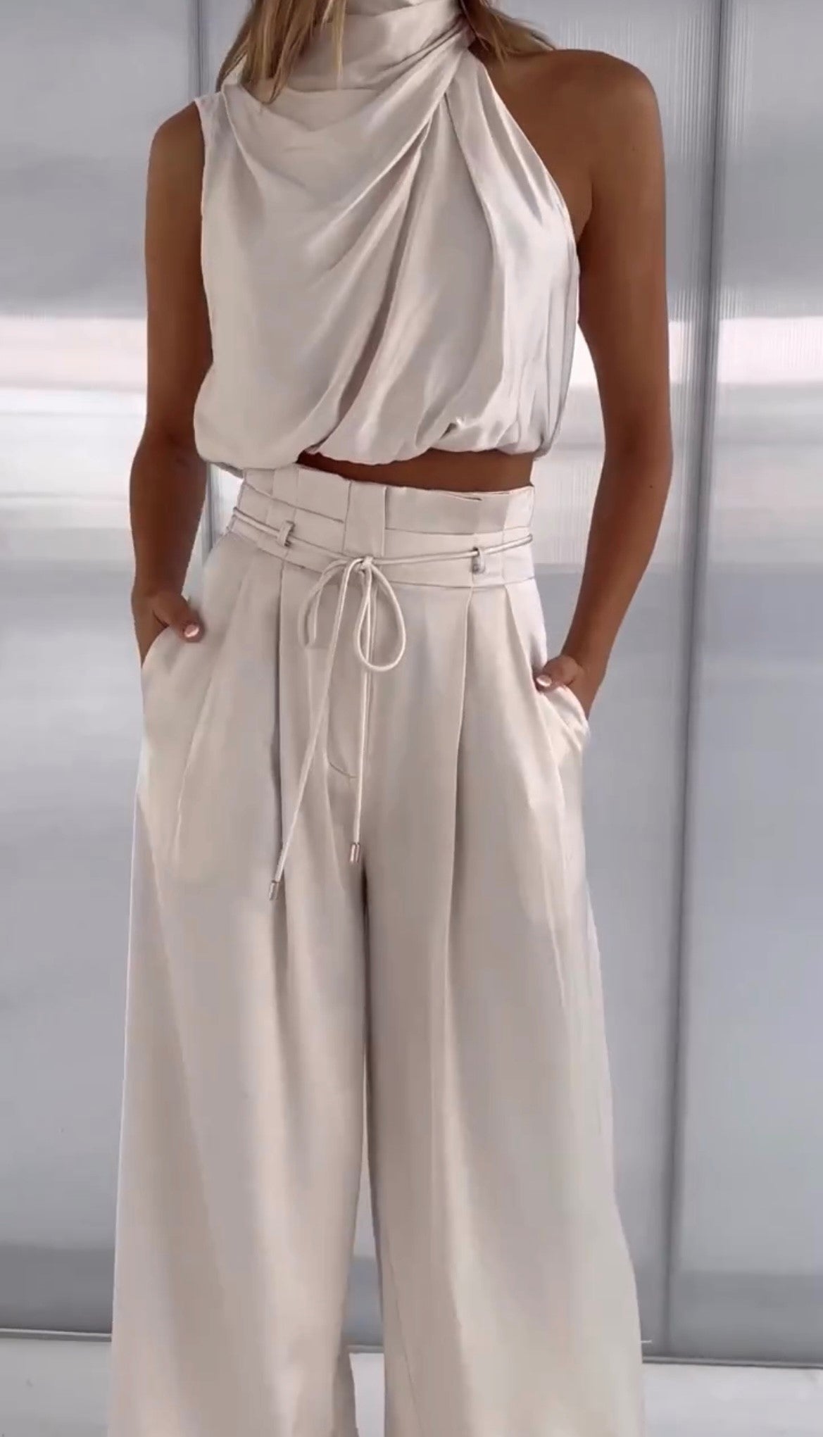 Women's Luxurious Satin Two-Piece Set | Elegant Halter Top and Wide Trousers 5