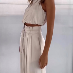 Women's Luxurious Satin Two-Piece Set | Elegant Halter Top and Wide Trousers 6