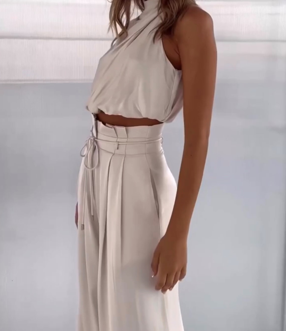 Women's Luxurious Satin Two-Piece Set | Elegant Halter Top and Wide Trousers 6