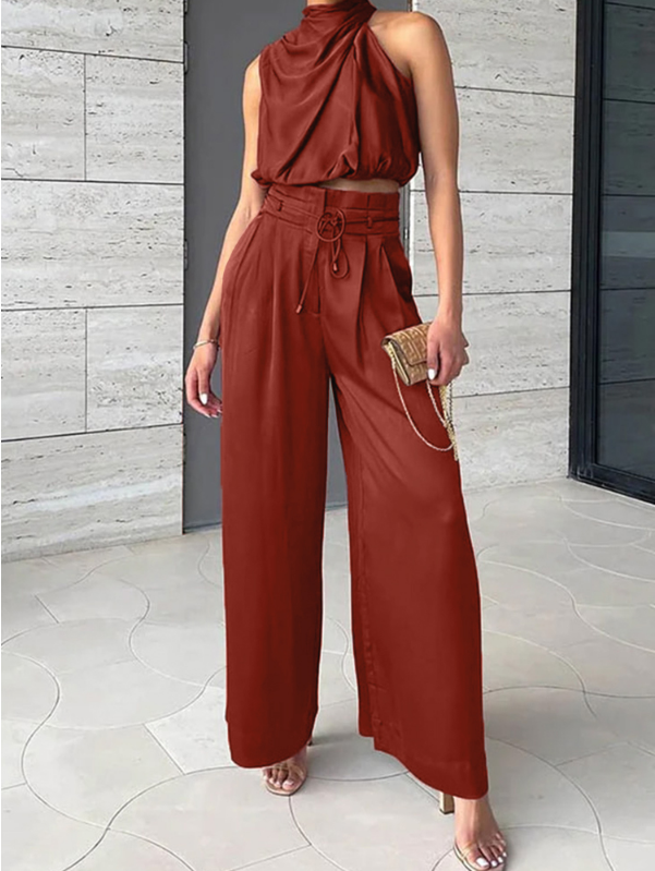 Women's Luxurious Satin Two-Piece Set | Elegant Halter Top and Wide Trousers 8