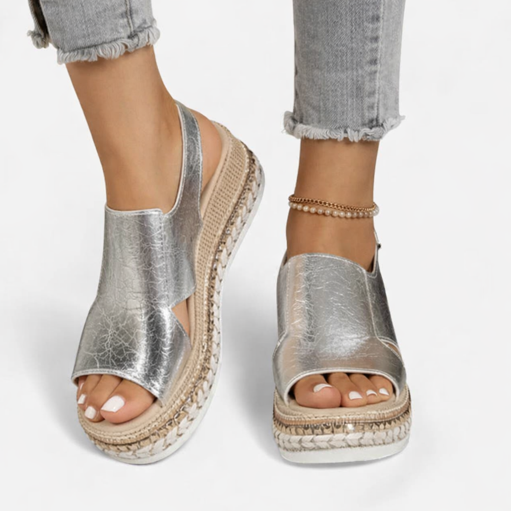 Women's Metallic Croc-Effect Wedge Sandals | Elegant Summer Footwear with Cushioned Comfort 0