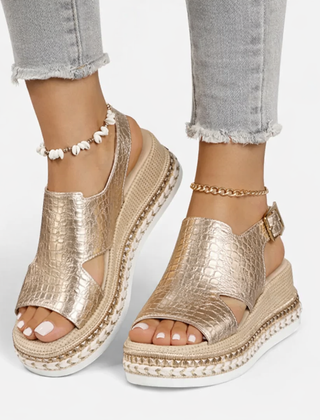 Women's Metallic Croc-Effect Wedge Sandals | Elegant Summer Footwear with Cushioned Comfort 1