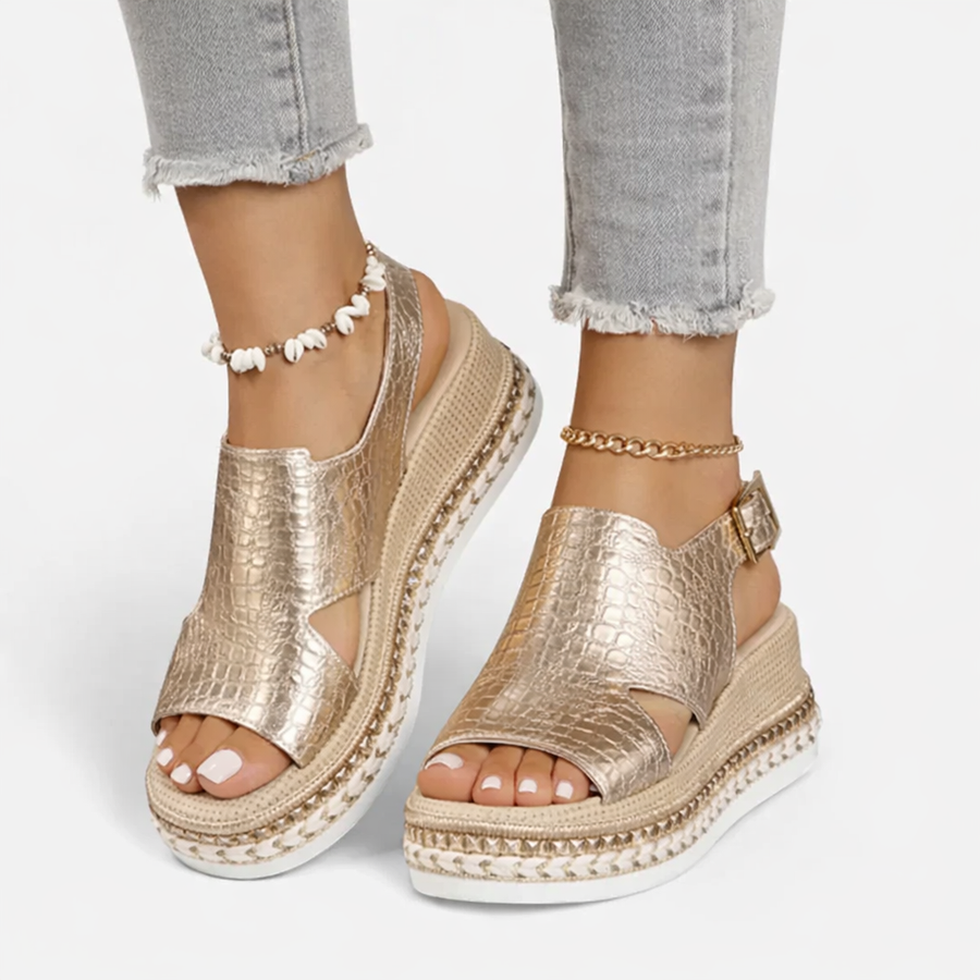 Women's Metallic Croc-Effect Wedge Sandals | Elegant Summer Footwear with Cushioned Comfort 1