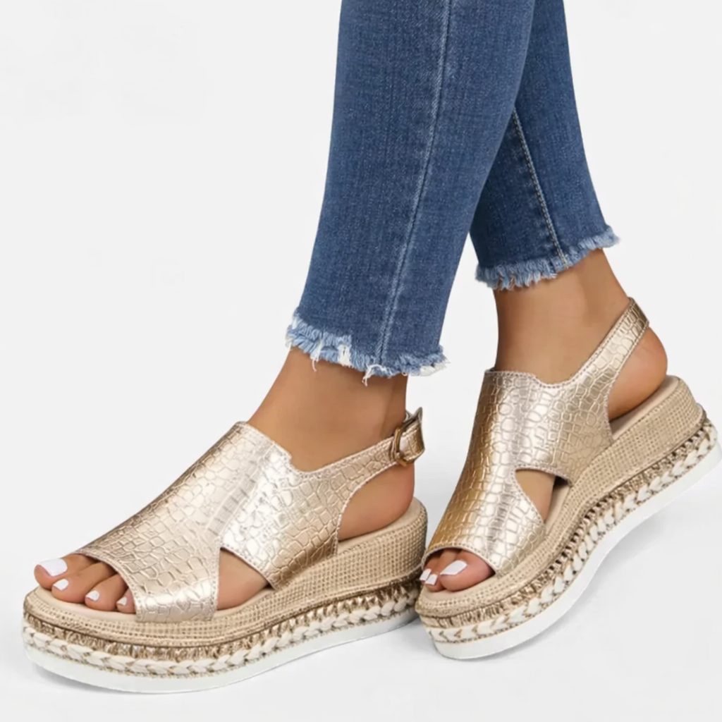Women's Metallic Croc-Effect Wedge Sandals | Elegant Summer Footwear with Cushioned Comfort 3