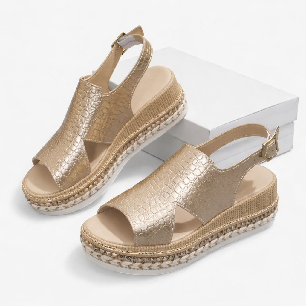 Women's Metallic Croc-Effect Wedge Sandals | Elegant Summer Footwear with Cushioned Comfort 4