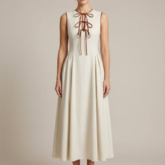 Women's Off White A-Line Maxi Dress | Elegant Bow Tie Detail Summer Formal Gown 0