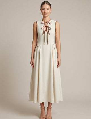 Women's Off White A-Line Maxi Dress | Elegant Bow Tie Detail Summer Formal Gown 0