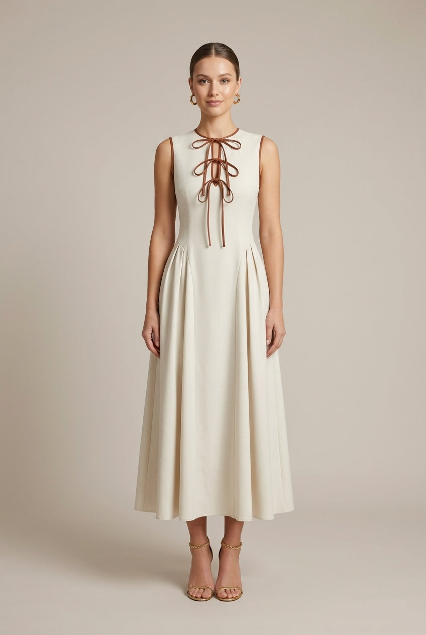 Women's Off White A-Line Maxi Dress | Elegant Bow Tie Detail Summer Formal Gown 0