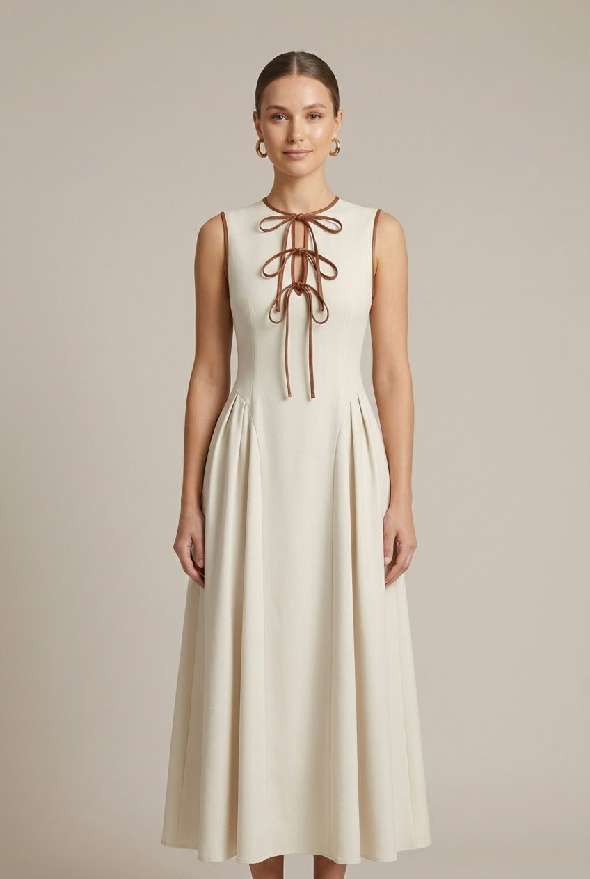 Women's Off White A-Line Maxi Dress | Elegant Bow Tie Detail Summer Formal Gown 3