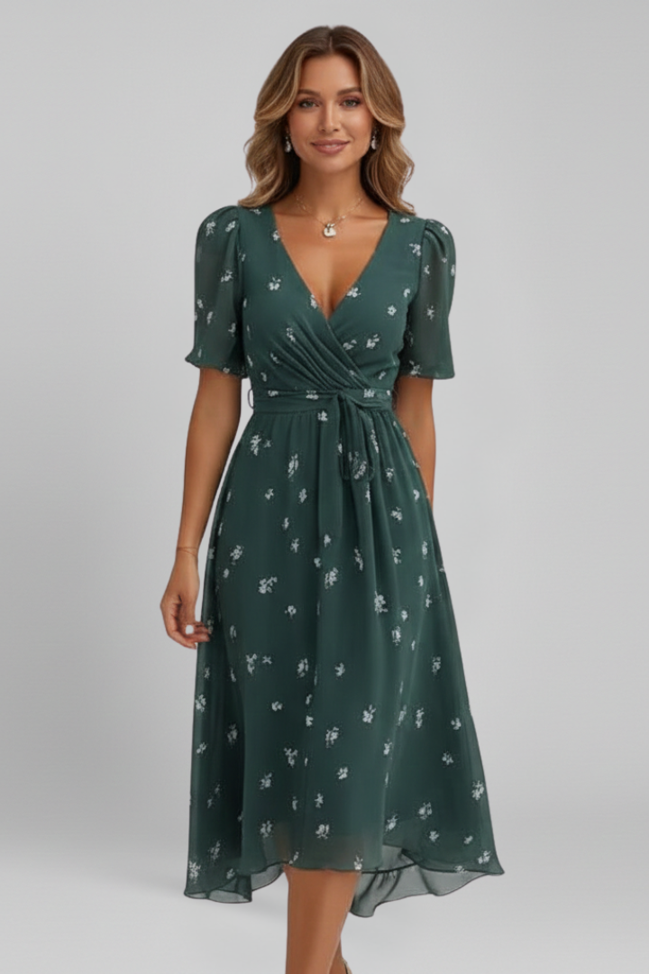 Women's Patterned V-Neck Midi Dress | Elegant Summer Cocktail Style 0
