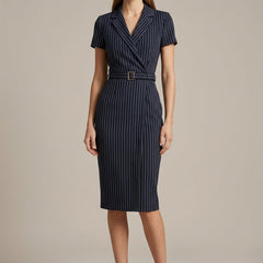 Women's Pinstripe Midi Dress | Elegant Structured Pencil Dress for Office and Events 0