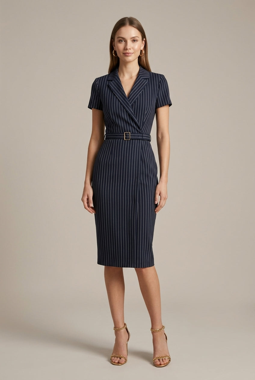Women's Pinstripe Midi Dress | Elegant Structured Pencil Dress for Office and Events 0