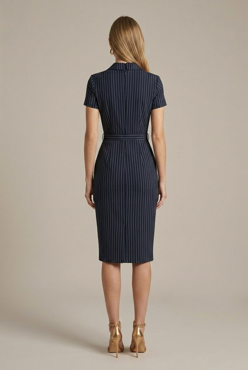 Women's Pinstripe Midi Dress | Elegant Structured Pencil Dress for Office and Events 2