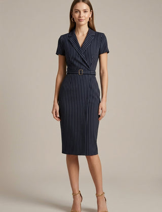 Women's Pinstripe Midi Dress | Elegant Tailored Pencil Dress with Notched Lapel 0