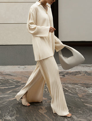 Womens Pleated Fabric Loungewear Set | Elegant Oversized Shirt & Wide-Leg Trousers 1