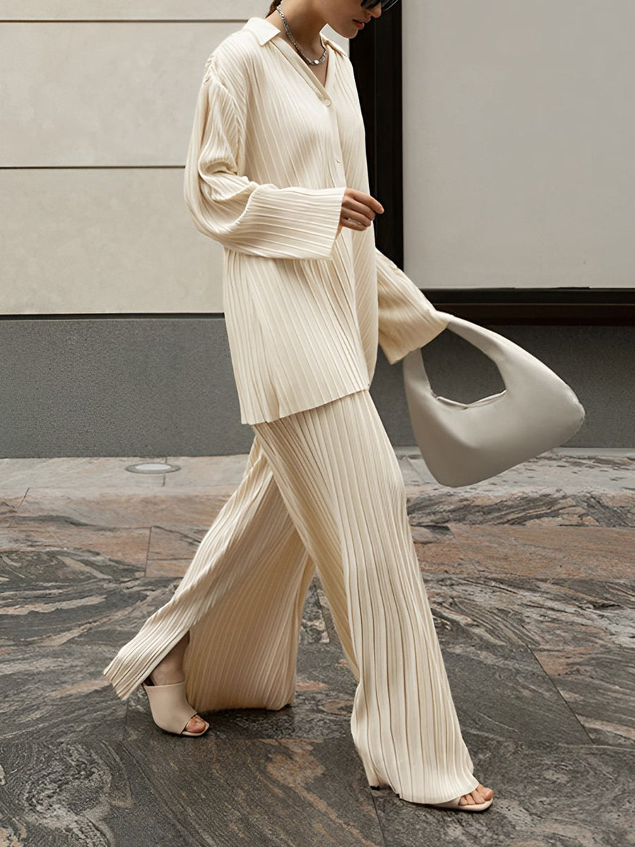 Womens Pleated Fabric Loungewear Set | Elegant Oversized Shirt & Wide-Leg Trousers 1