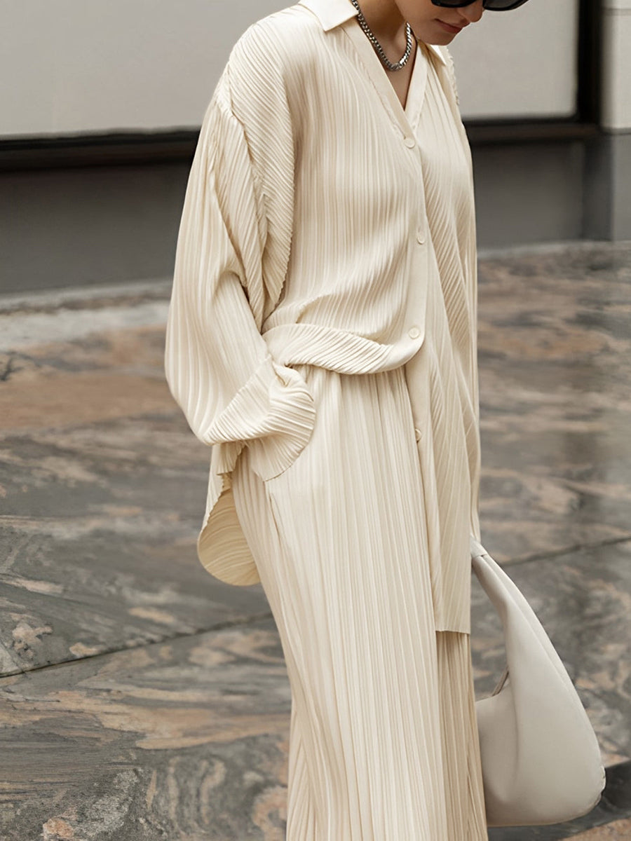 Womens Pleated Fabric Loungewear Set | Elegant Oversized Shirt & Wide-Leg Trousers 2