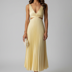 Women's Pleated Maxi Dress | Elegant Deep V-Neck Evening Gown for Special Occasions 0