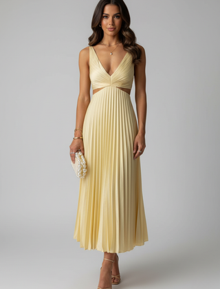 Women's Pleated Maxi Dress | Elegant Deep V-Neck Evening Gown for Special Occasions 0