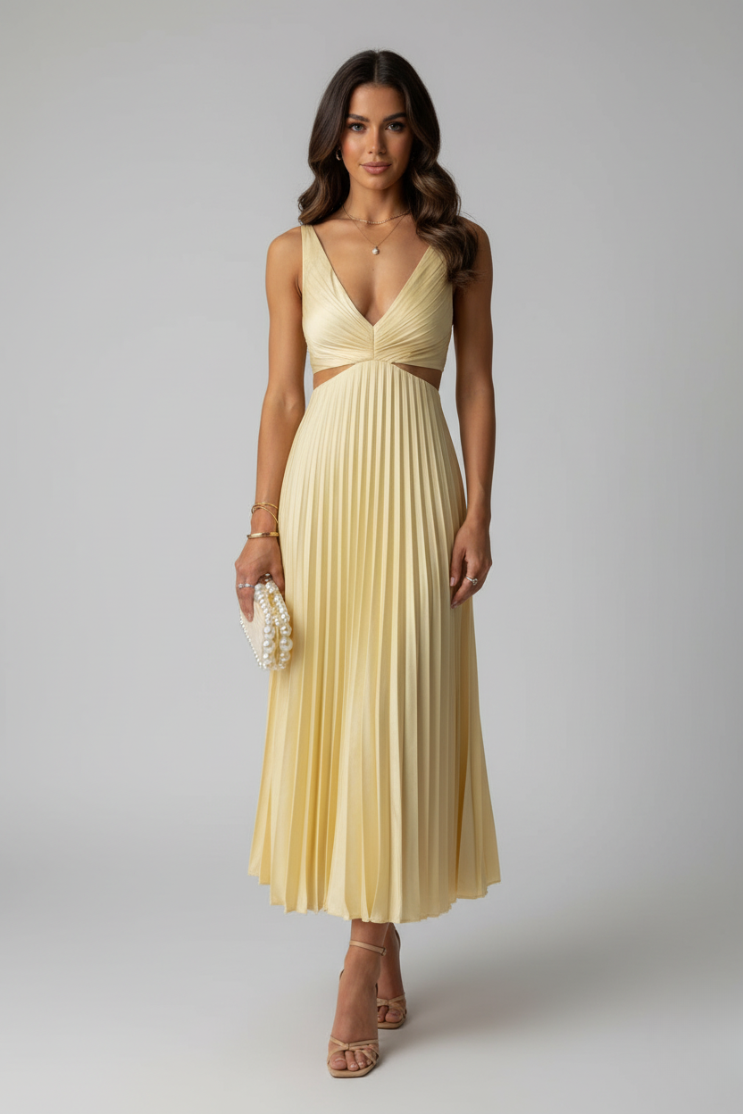Women's Pleated Maxi Dress | Elegant Deep V-Neck Evening Gown for Special Occasions 0
