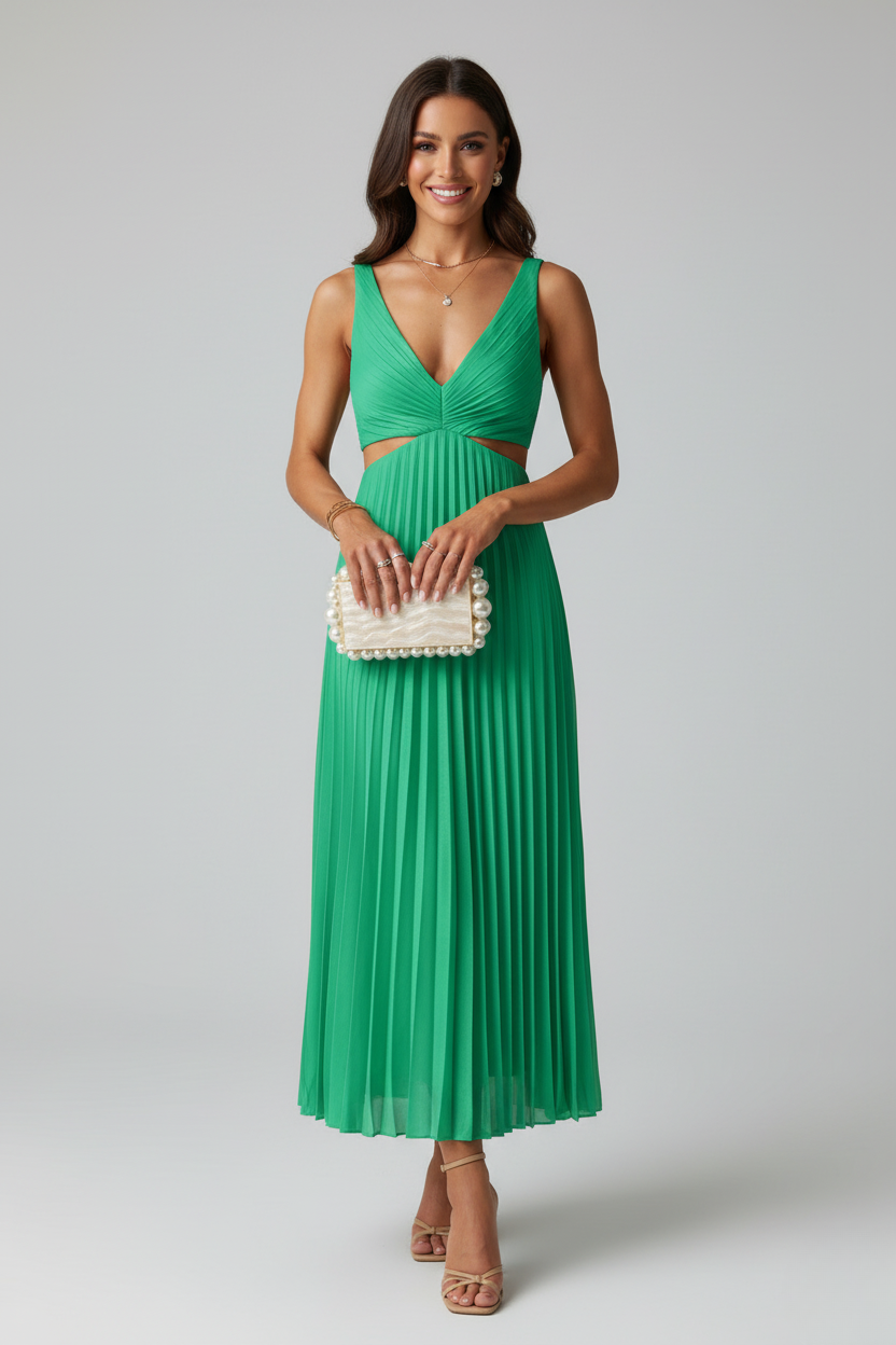 Women's Pleated Maxi Dress | Elegant Deep V-Neck Evening Gown for Special Occasions 3