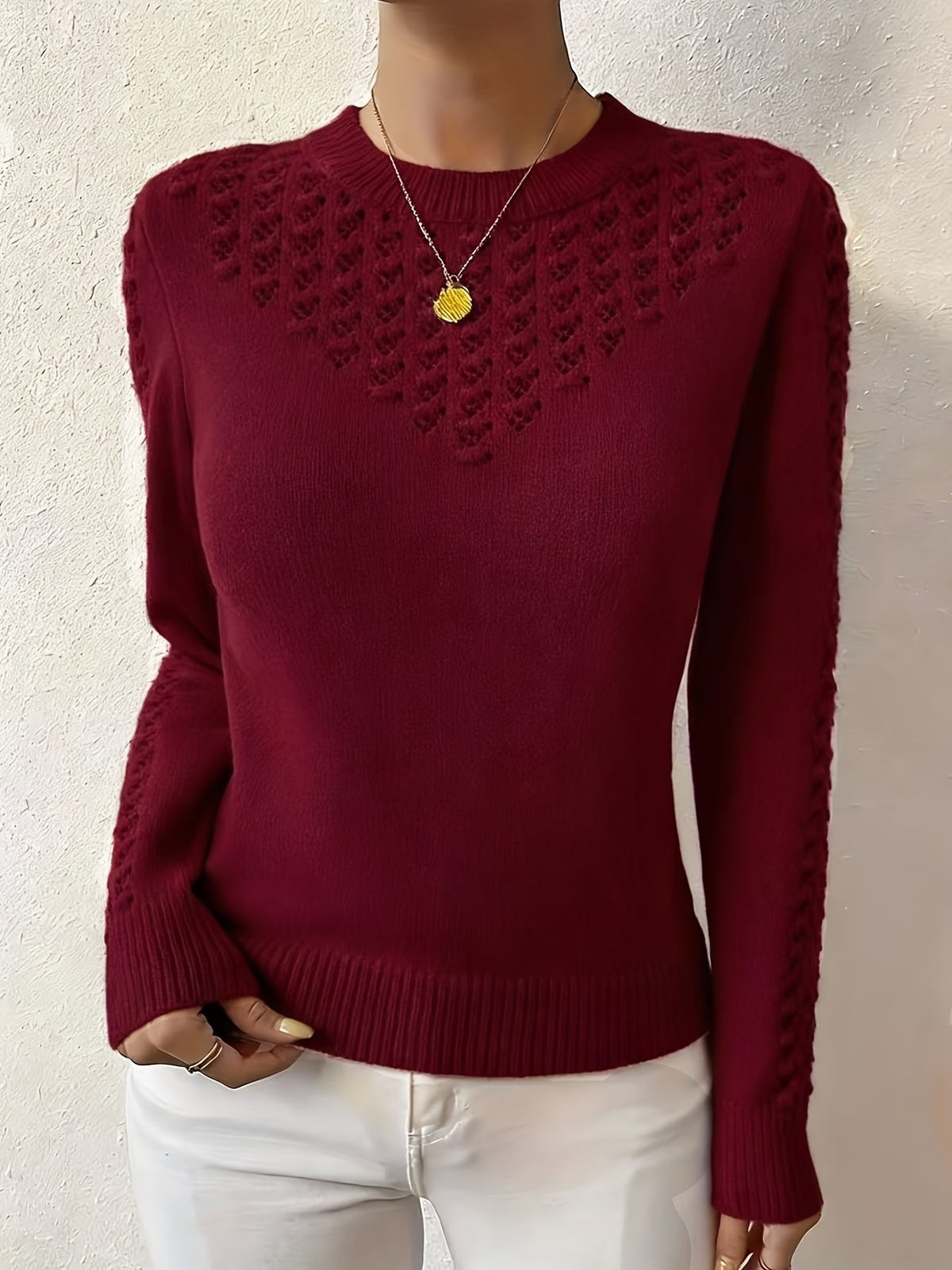 Women's Pointelle Knit Sweater | Elegant Fitted Crew Neck Top | Timeless Lightweight Style 5