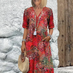 Women's Printed Midi Dress | Flattering V-Neck A-Line Style 0