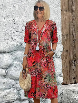 Women's Printed Midi Dress | Flattering V-Neck A-Line Style 0